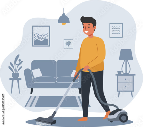 Man vacuuming living room floor with modern vacuum cleaner in tidy home interior scene 
