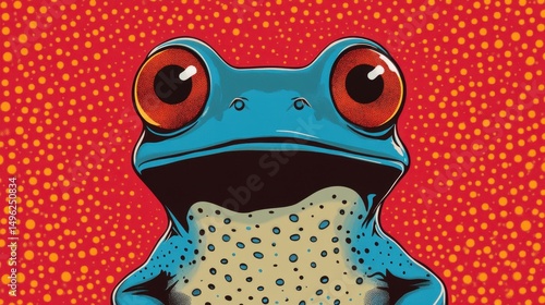 Sapo Azul Vibrante com Olhos Vermelhos em Fundo Pontilhado Vermelho