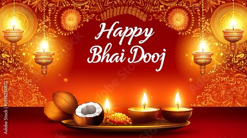 Happy bhai dooj celebration with diyas and coconuts.