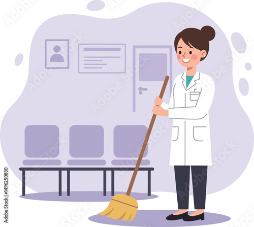 Female janitor cleaning floor with broom in waiting room healthcare facility vector illustration 