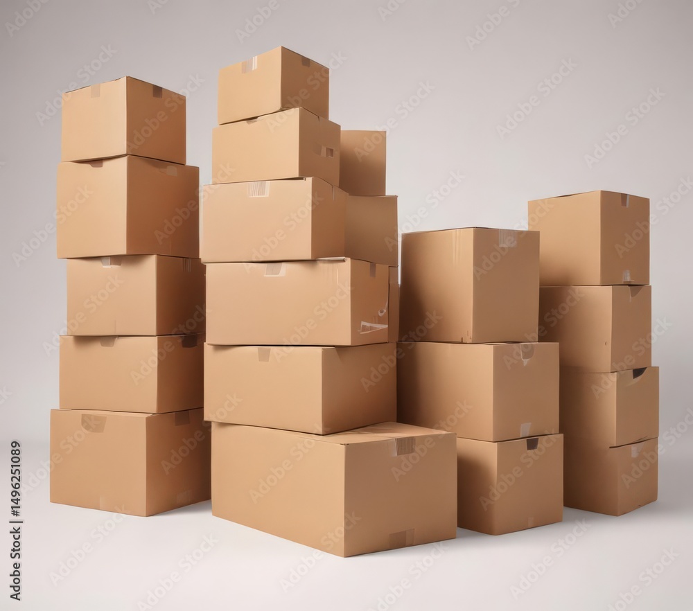 Neat stack of brown cardboard boxes on pristine white background , waste, crate Neat stack of brown cardboard boxes on pristine white background , waste, crate