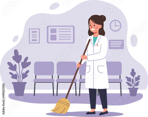 Female janitor cleaning hospital waiting area with broom vector illustration in workplace hygiene concept 