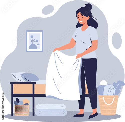 Woman folding laundry indoors with basket and bed in cozy home environment vector illustration 