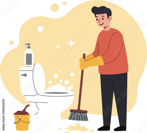 Man cleaning toilet with mop and bucket in home bathroom hygiene and sanitation illustration 