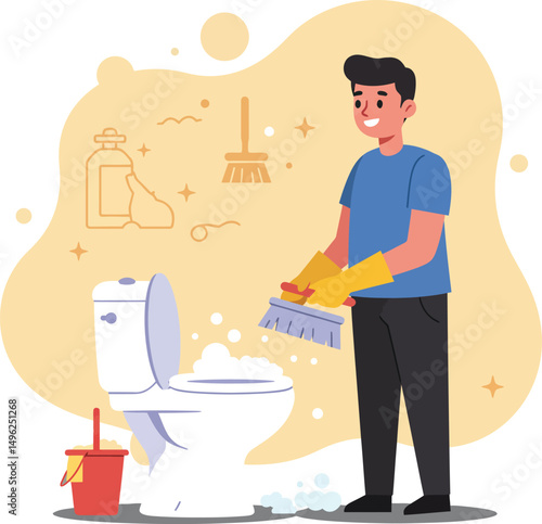 Man cleaning toilet with brush and gloves in bathroom hygiene routine vector illustration 