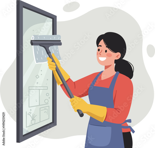 Woman cleaning window with squeegee wearing apron and yellow gloves indoor house cleaning vector illustration 