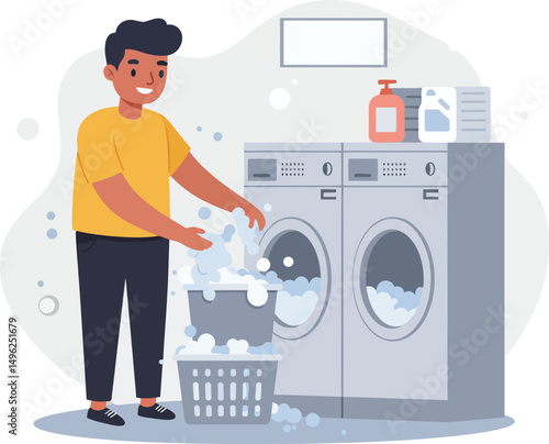 Young man doing laundry with washing machines and soap in a modern laundry room vector illustration 