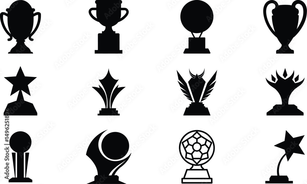 Naklejka premium Stylish Vector Trophy Icons Set, Modern Black Silhouette Award