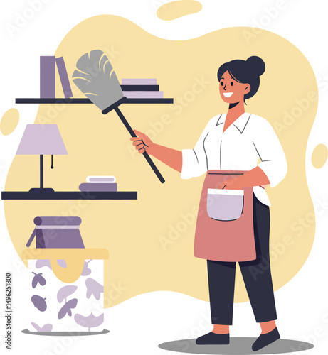 Woman dusting shelves with feather duster in home cleaning routine vector illustration 