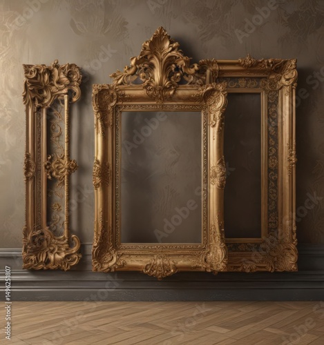 Luxurious damask pattern sets stage for collection of vintage picture frames ,  elegant,  royalty free,  rich