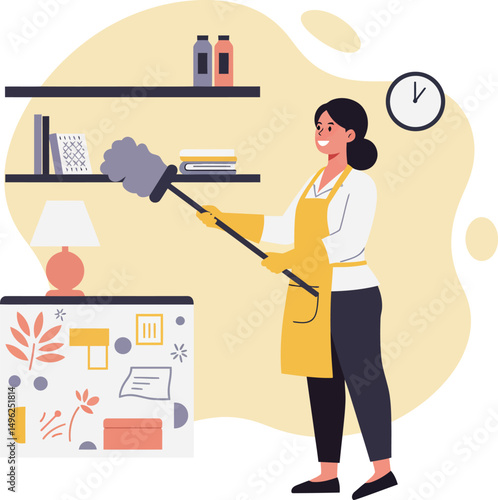 Woman dusting shelves with duster cleaning home room interior lifestyle activity vector illustration 