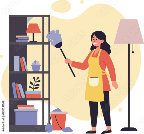 Woman Cleaning Bookshelf with Duster and Bucket in Cozy Room Illustration 