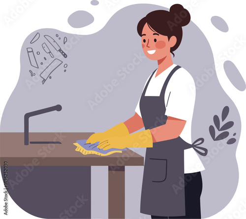 Woman cleaning kitchen sink with gloves and apron in home environment smiling happily 