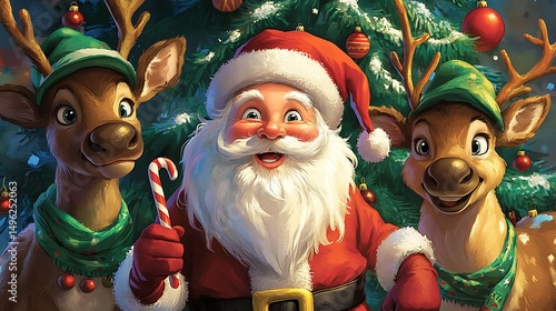 Cheerful santa claus and reindeer by a christmas tree.