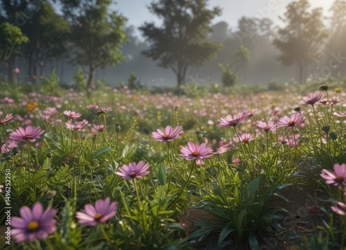 Dense cosmos plantation, morning dew glistening,  plants,  delicate,  detail