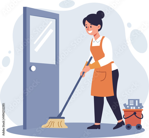 Woman cleaning floor with mop and bucket illustration for housekeeping and janitorial work concept 