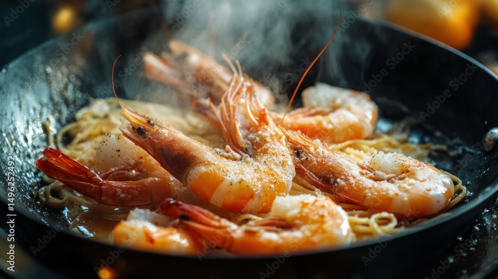 Gourmet shrimp being cooked in a sizzling black skillet with garlic and herbs, showcasing fresh seafood dish with steam rising in a vibrant culinary setting Gourmet shrimp being cooked in a sizzling black skillet with garlic and herbs, showcasing fresh seafood dish with steam rising in a vibrant culinary setting