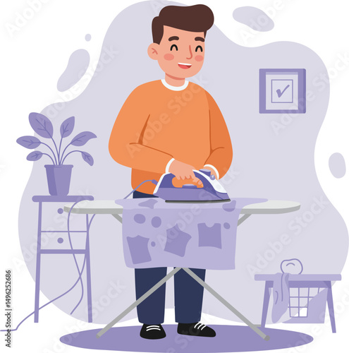 Man ironing clothes at home using electric iron and ironing board in casual lifestyle scene with plant and laundry basket 