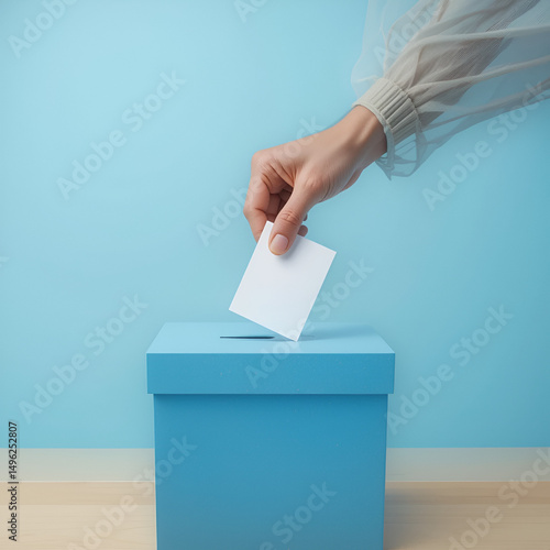 A hand is placing a ballot into a blue voting box against a light blue background, symbolizing the democratic process of voting.