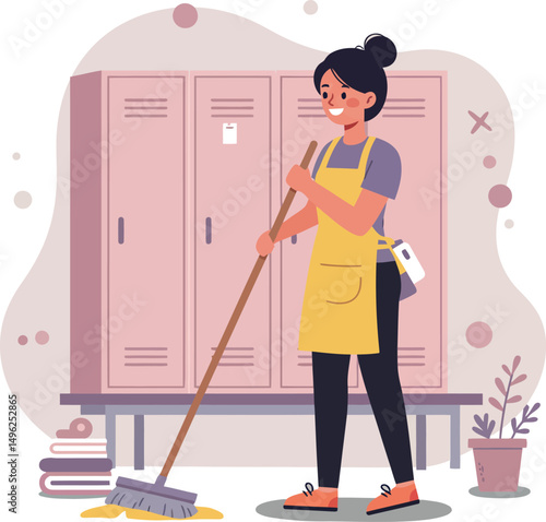 Woman janitor cleaning school locker room floor with mop in casual outfit and apron vector illustration 