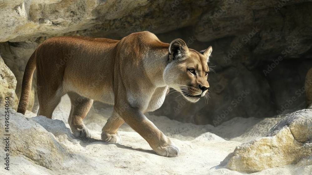 Naklejka premium Majestic mountain lion cougar walking through rocky terrain in natural wilderness habitat du daytime with detailed fur and alert expression