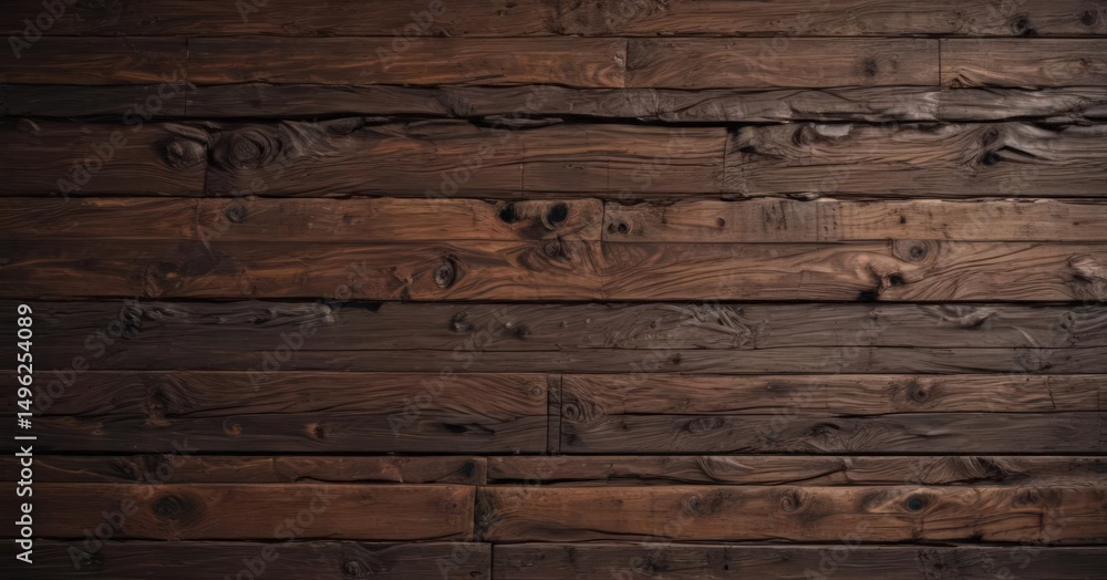 Fototapeta premium Dark brown reclaimed wood wall, uneven surface, rich grain, interior design, wooden background, wall