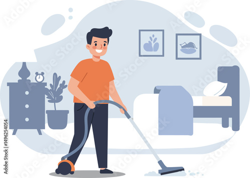 Man vacuuming bedroom floor with modern vacuum cleaner in tidy home interior vector illustration 
