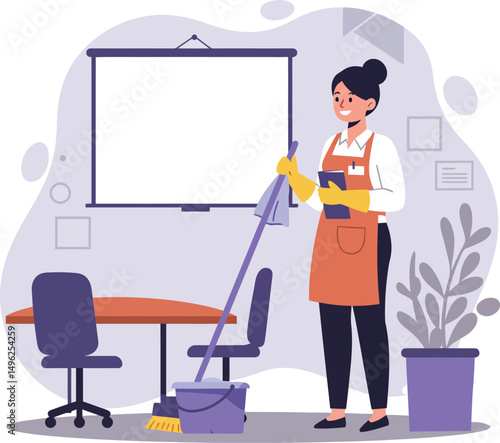 Female janitor cleaning office conference room with mop and bucket illustration