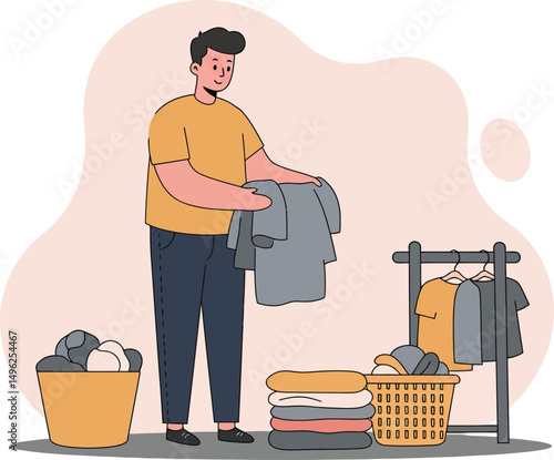Man folding laundry at home with baskets and clothes rack in casual lifestyle scene illustration 