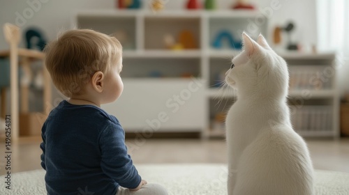 Heartwarming Moment A curious toddler and a playful cat engage in a delightful interaction