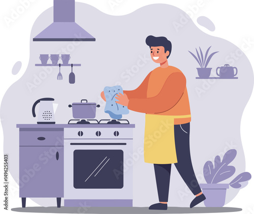 Man cooking in kitchen wiping hands with towel preparing food on stove with modern appliances vector illustration 