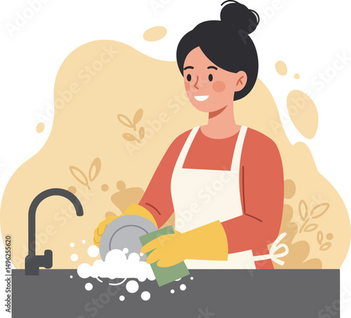 Woman washing dishes with gloves and apron at sink in cozy home kitchen vector illustration 