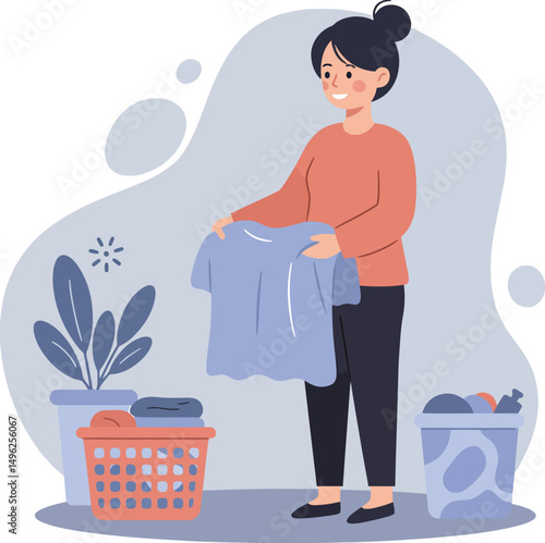 Woman folding laundry at home with baskets and plants in simple flat style vector illustration 