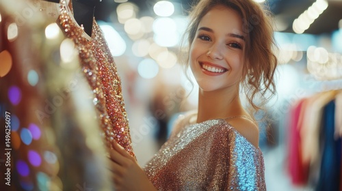 Beautiful Woman in Sparkling Dress Shopping in Boutique