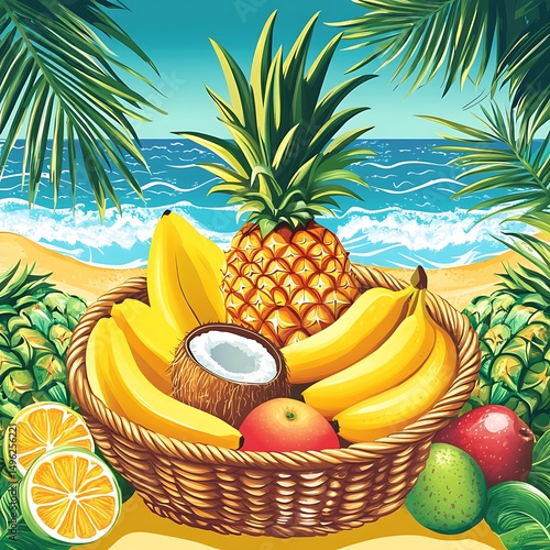 Colorful tropical fruit basket on a sandy beach.
