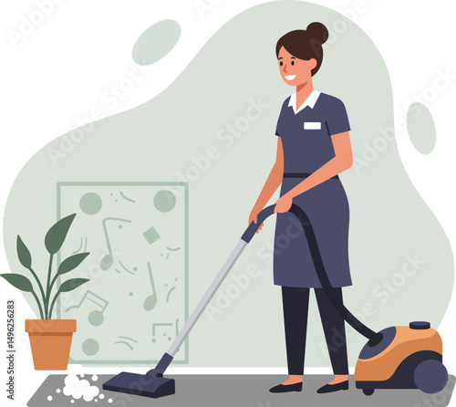 Woman vacuuming carpet in modern living room with plant and music poster illustration vector 