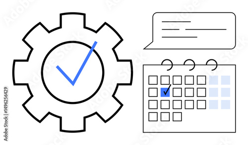 Gear with a checkmark, calendar marked with a check, and speech bubble. Ideal for productivity, organization, workflow, planning, teamwork scheduling development. Flat simple metaphor