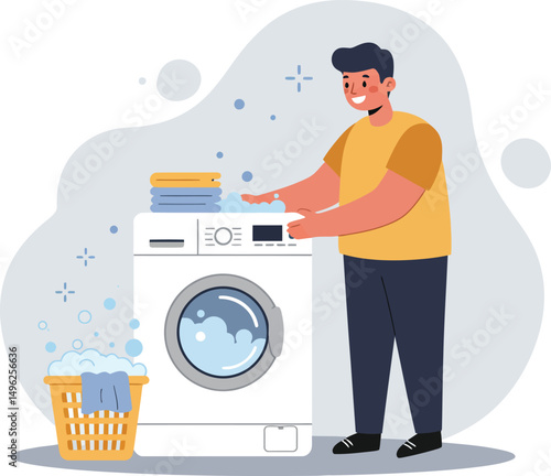 Man doing laundry with washing machine and basket of clothes at home in casual outfit vector illustration 