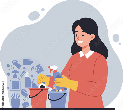 Woman cleaning with spray bottles and buckets in casual red sweater and yellow gloves vector illustration 