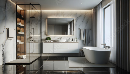 Modern Luxury Spacious Bathroom with LED Lighting, Single Vanity, Freestanding Tub, and Glass Shower