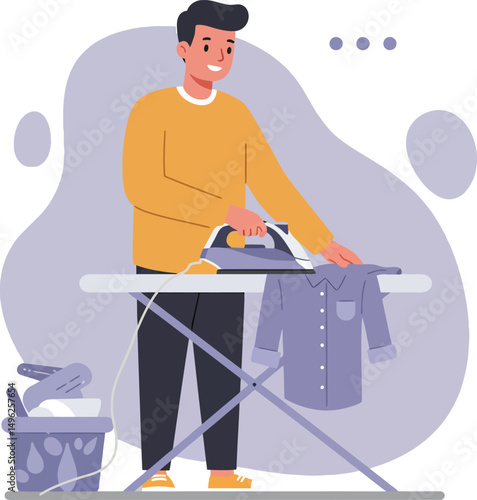 Man ironing clothes with iron and ironing board in casual home setting vector illustration 