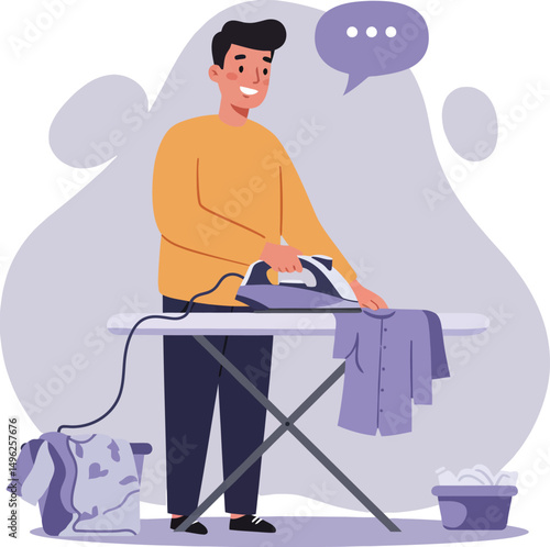 Man ironing clothes on ironing board in home laundry room vector illustration with casual outfit and speech bubble 
