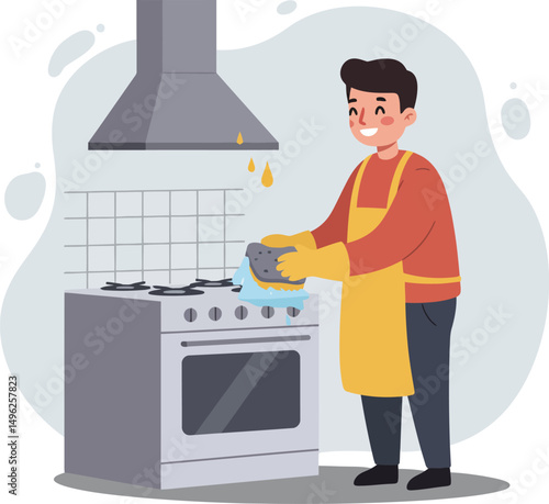 Man cooking in kitchen wearing yellow apron and cleaning stove with cloth vector illustration 
