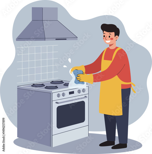 Man cleaning kitchen stove with yellow gloves and apron in modern home cooking space vector illustration 