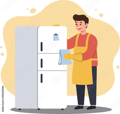 Man cleaning white refrigerator with cloth in kitchen domestic scene vector illustration 