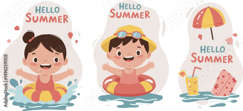 Children swimming with float rings and summer beach scene with palm tree and umbrella vector illustration 