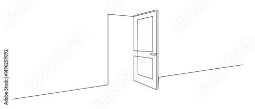 Opened door in one continuous line drawing. Front enter and exit to house in simple linear style. Future opportunity concept in editable stroke. Doodle vector illustration