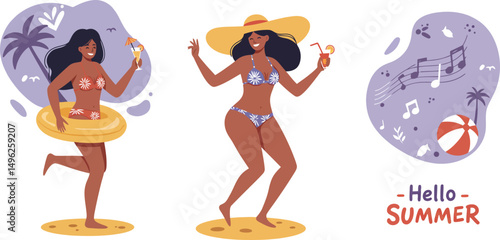 Women enjoying summer holiday dancing wearing swimsuits and sun hat in tropical setting vector illustration 