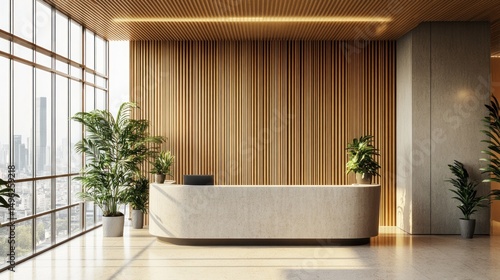 Contemporary corporate lobby showcases sustainable design elements and elegance
