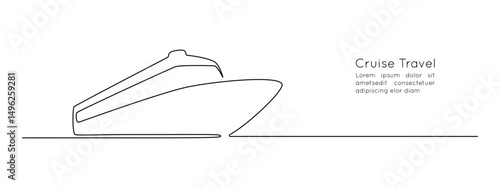 Cruise ship in one continuous line drawing. Sea and ocean yacht in simple linear style. Luxury caribbean travel and vacation in editable stroke. Sketch vector illustration